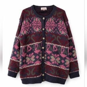 Vintage M.A.T. Fair Isles Fuzzy Mohair Knit Pink Burgundy Cardigan Boho